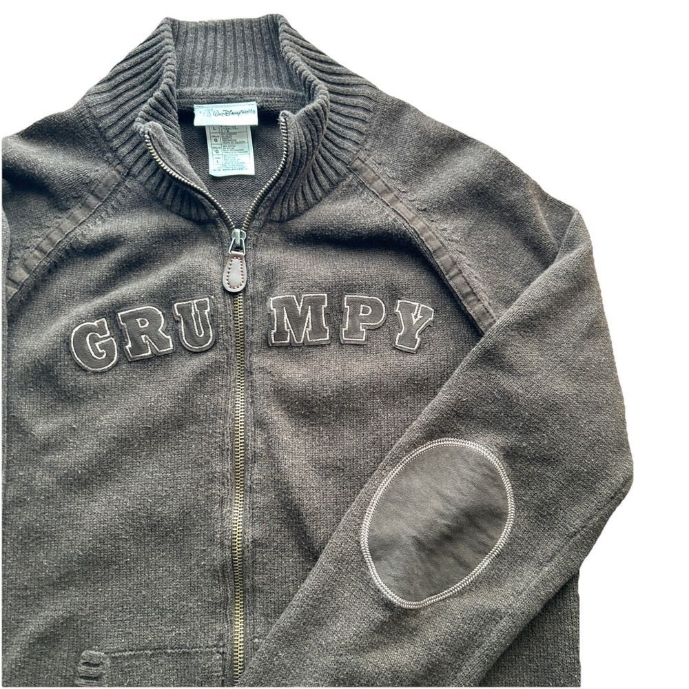 Disney World Women's Large Brown Grumpy Full Zip Leather Elbow Patches Sweater
